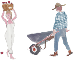 Watercolor illustration of woman carrying a basket of fruit and a man with wheelbarrow